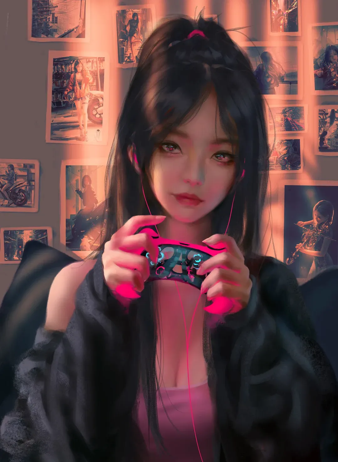 WLOP鬼刀角色插画中的暖色背景与人物光影效果