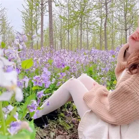 地瓜小盆友图片中的浅色针织服饰与花海场景