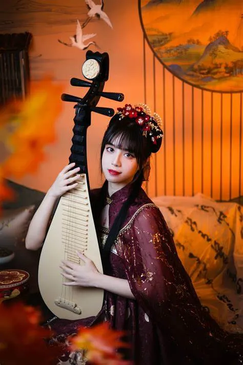 貳加六古风服饰造型照片,手持琵琶并置于室内场景