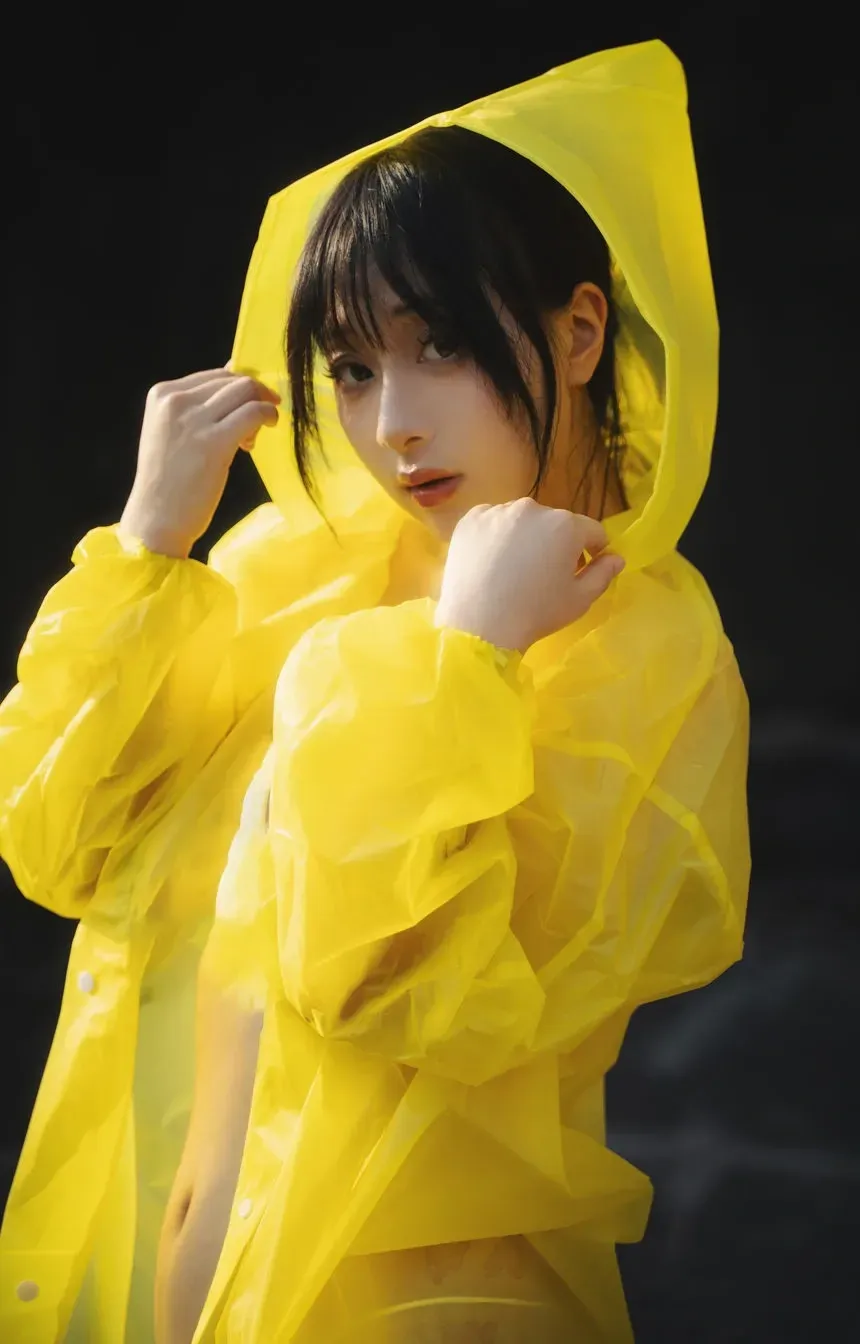浅安安身穿连帽黄色半透明雨衣棚拍人像