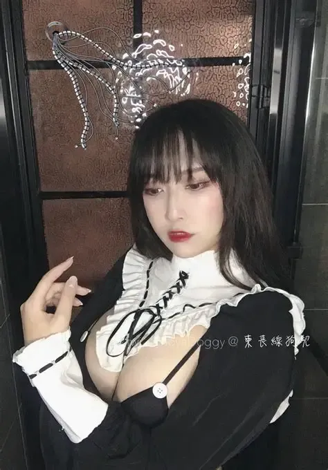 奇行家狗崽佩戴黑白蕾丝荷叶边服饰与金属光环俯视镜头